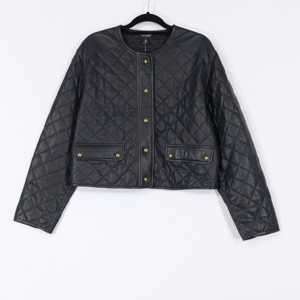 Lauren Ralph Lauren Diamond Quilted Leather Jacket Women 16 Navy Cropped $695NWT - Picture 1 of 14